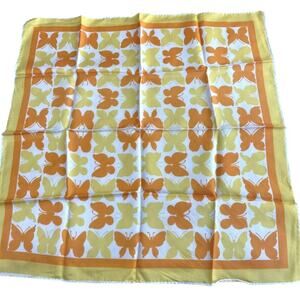 Butterfly neck scarf mod 1970's silky acetate white yellow orange 22"square